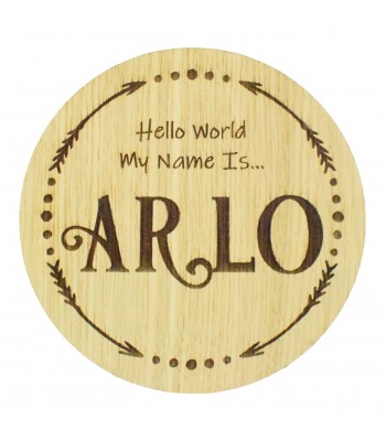 Laser Cut Oak Veneer Personalised Birth Announcement Plaque - Hello World My Name Is... with Arrows & Dots Frame